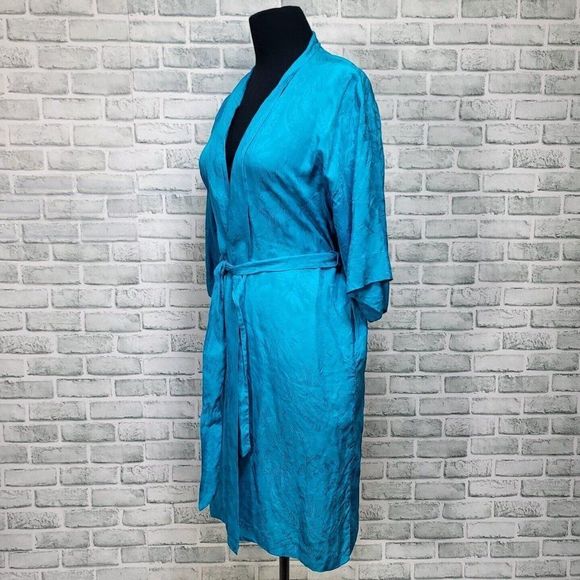Vintage 80s Dynasty Turquoise Silk Embossed Textured Design Kimono Robe - Picture 3 of 7